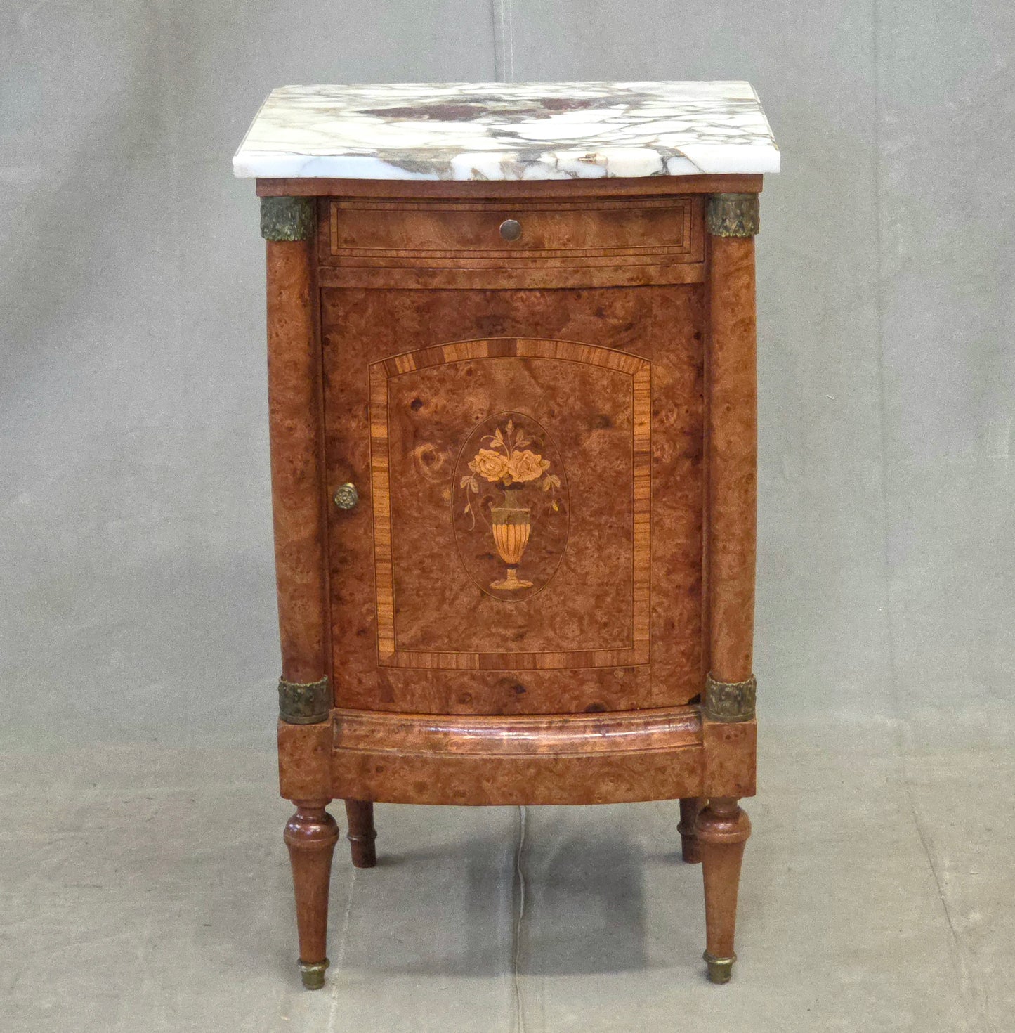 Antique French Art Nouveau Burl Marble Marquetry Nightstand With Bronze Ormolu