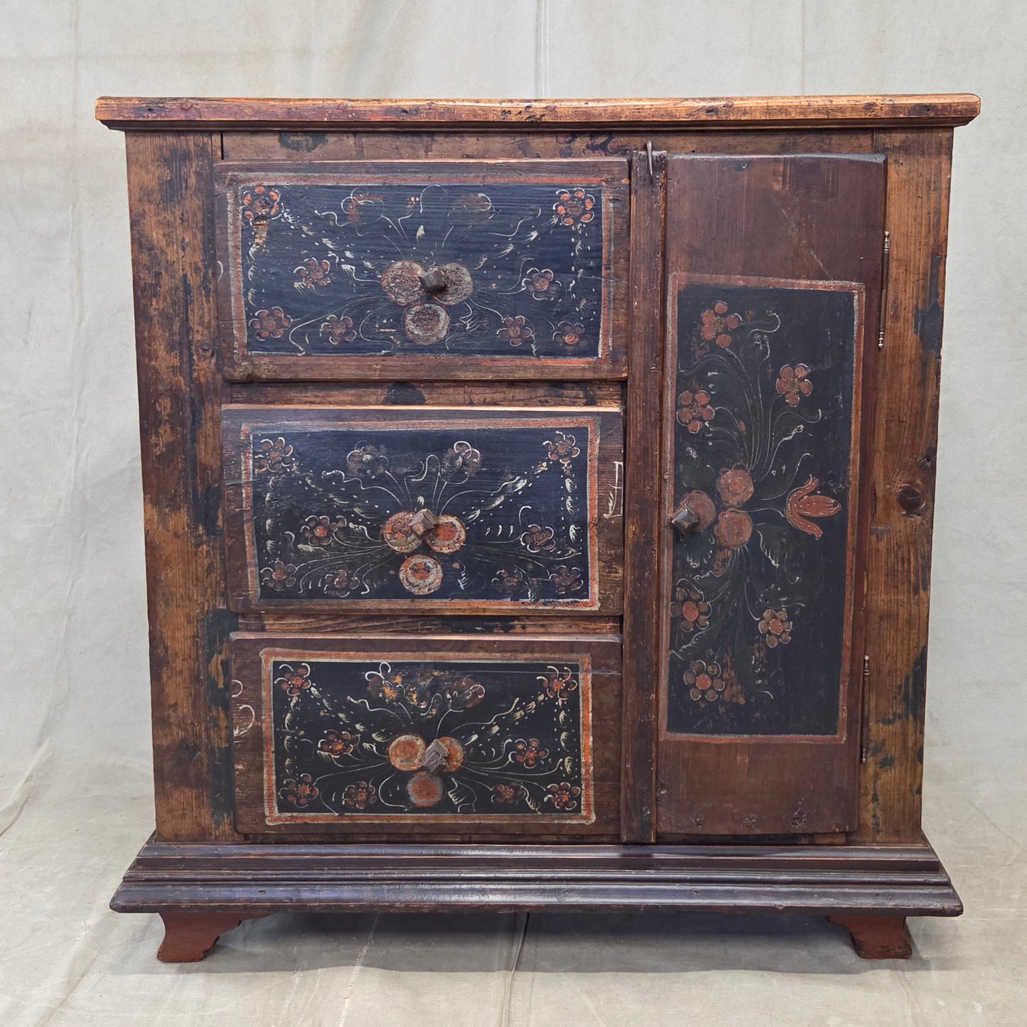Antique Romanian Folk Painted Pine Cupboard with Drawers and a Door