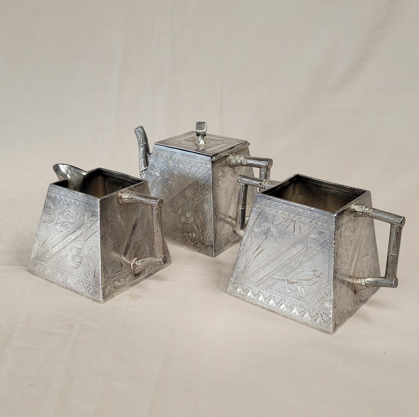 Antique James W. Tufts Boston Engraved Silverplate Aesthetic Movement Tea Set