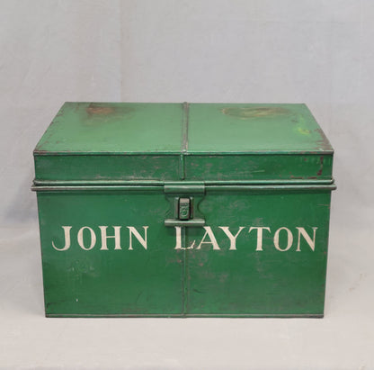 Antique English Iron Milner's Strong Box Painted Green With John Layton Inscription (RL)