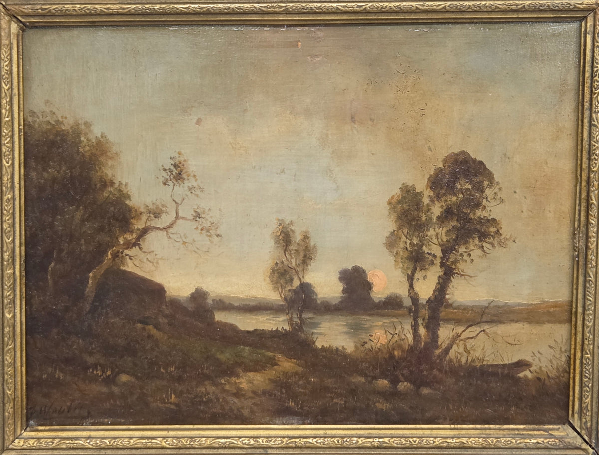 Antique Dutch Late 1800s Sunrise Over Water Landscape, Original Frame, Signed