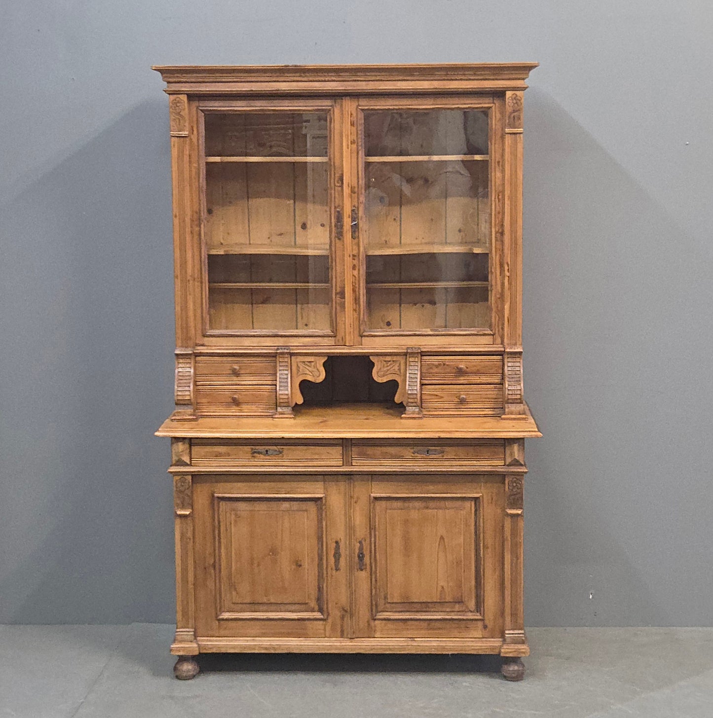 Antique Eastern European Pine Stepback China Cabinet Sideboard Hutch