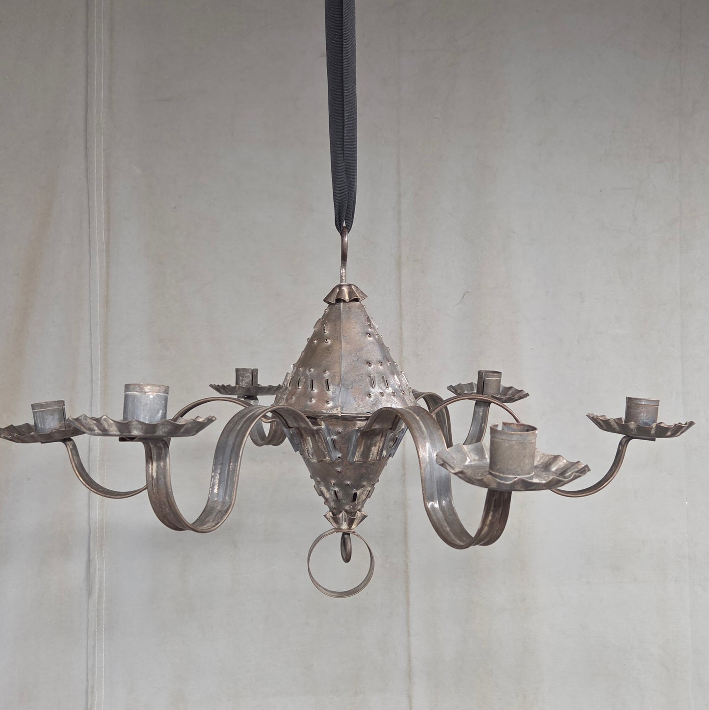 Antique Punched Tin Six-Arm Candle Chandelier, New Mexico, Spanish Colonial style