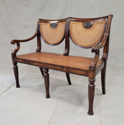 Vintage Theodore Alexander Regency Caned Mahogany Settee With Silk/Velveteen Down Cushion