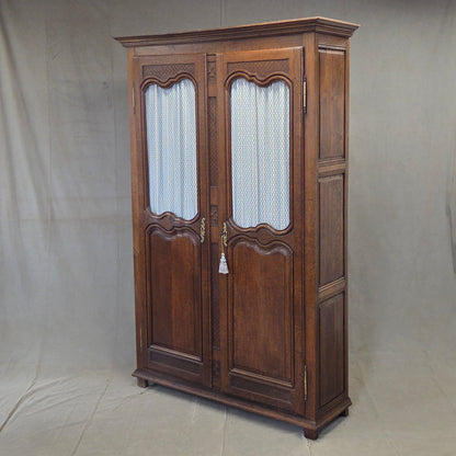 Antique French Provincial Wardrobe with Wire Grills and Interior Blue Curtains