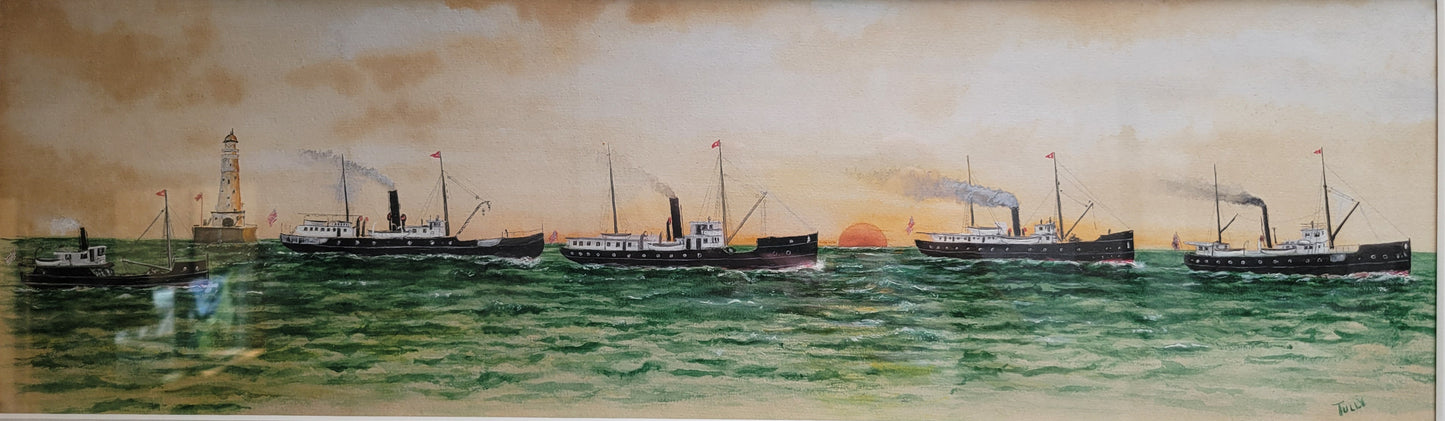 Antique Circa 1900 Gouache Maritime Painting of Steam Ship Fleet, by "Tully"