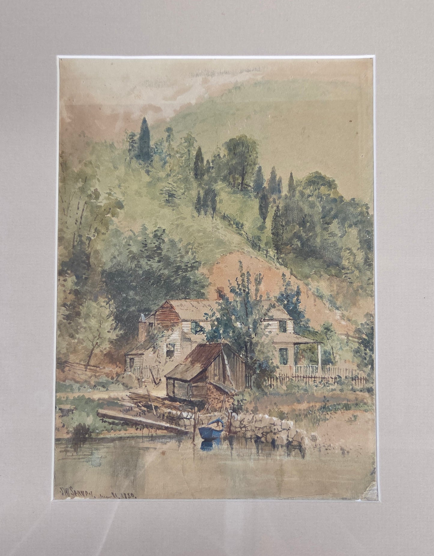 Landscape Scene with House and Mill, Watercolor, J.W. Spaveil June 11 1886