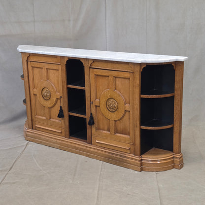 Antique Early 1900s Oak Console Cabinet With Doors, Shelves and a Marble Top