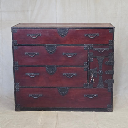 Antique Early 1900s Meiji Period Japanese Pine/Elm Tansu Chest With Iron Hardware