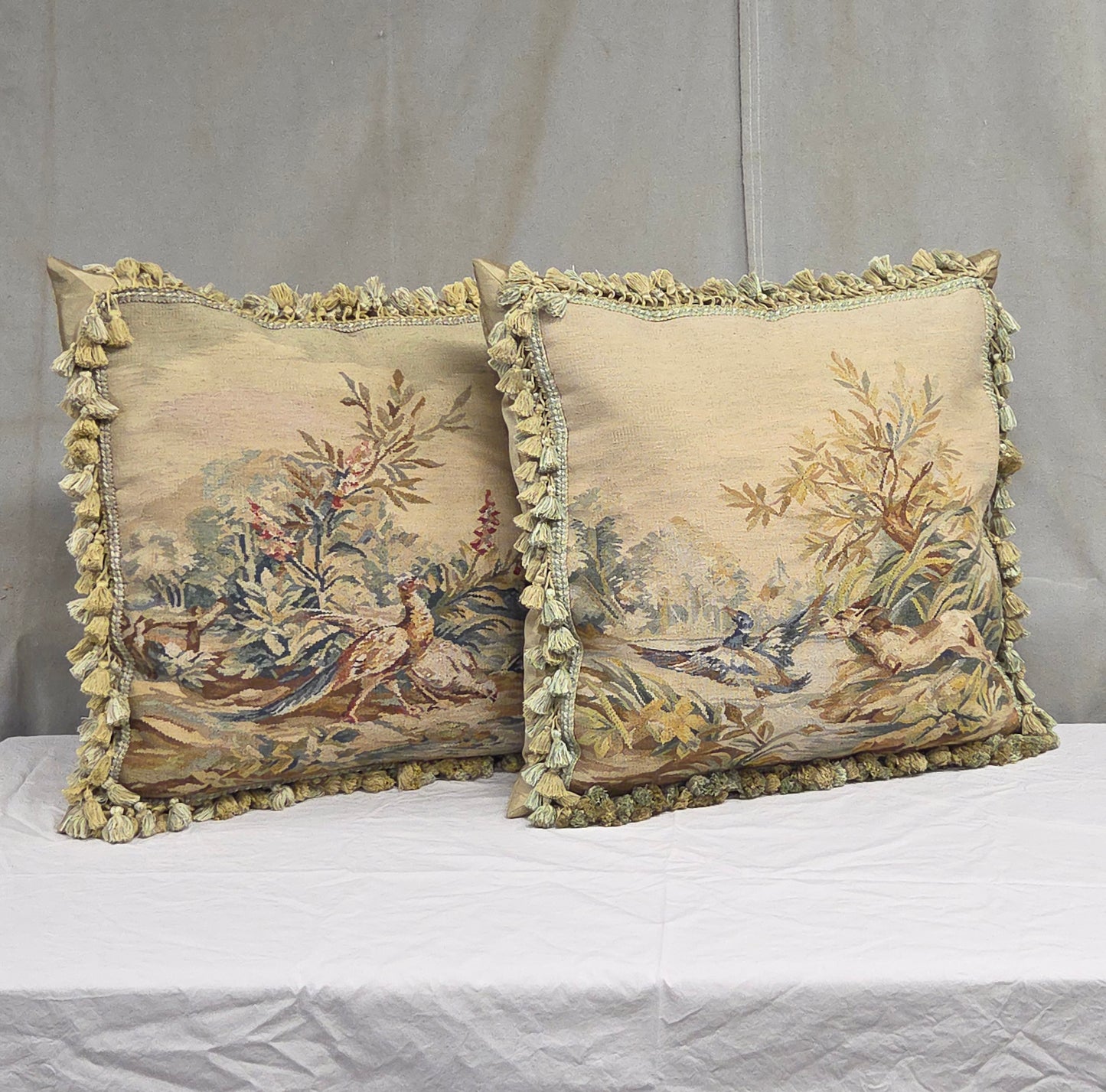 Pair of Antique French Hunt Scene Tapestry Panels Remade Into Down Pillows