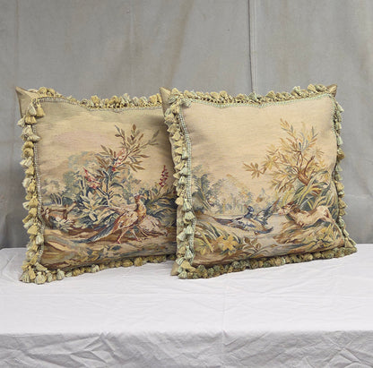 Pair of Antique French Hunt Scene Tapestry Panels Remade Into Down Pillows