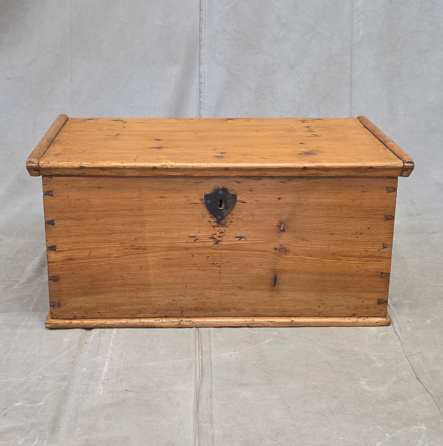 Antique German Natural Pine Storage Trunk with Original Iron Key