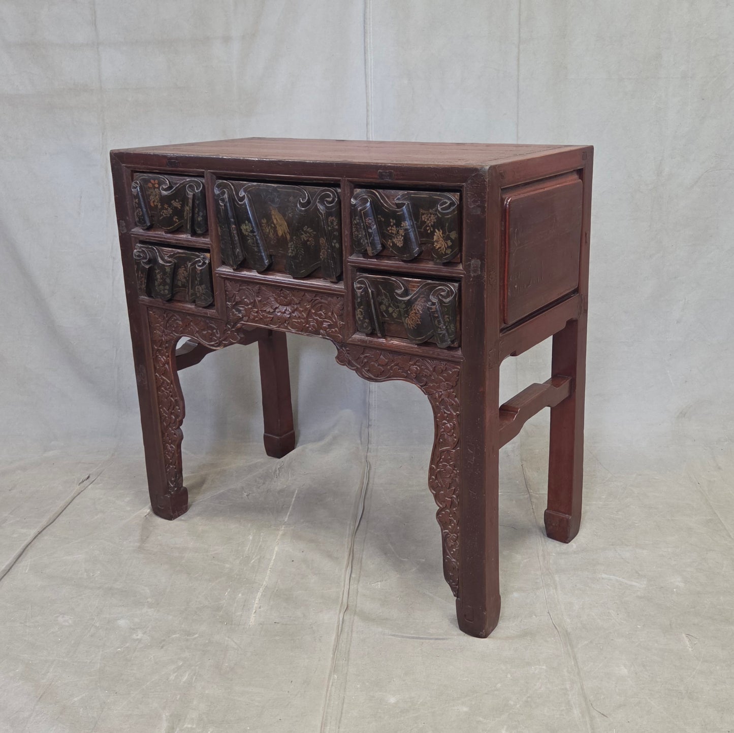 Antique Chinese Qing Dynasty Lacquer Side Table with Birds and Flowers