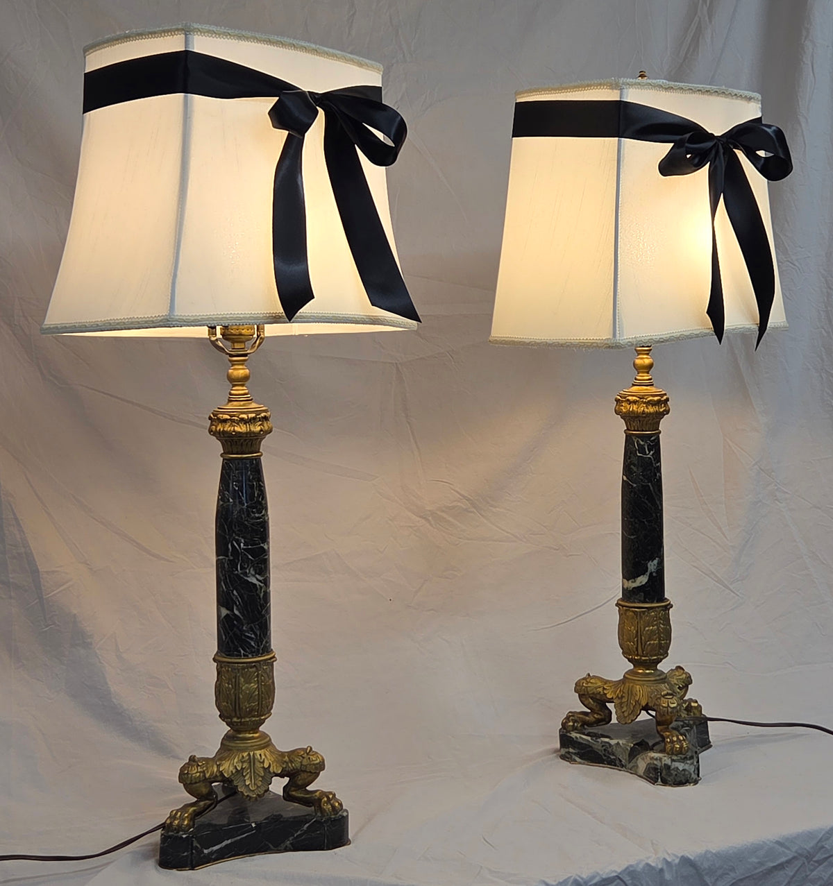 Vintage Pair French Empire Neoclassical Style Marble and Gilt Bronze Table Lamps