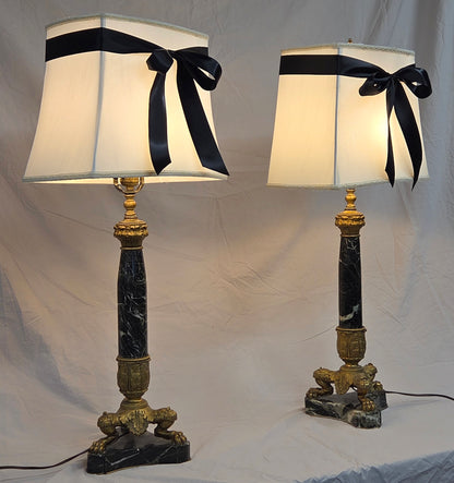 Vintage Pair French Empire Neoclassical Style Marble and Gilt Bronze Table Lamps