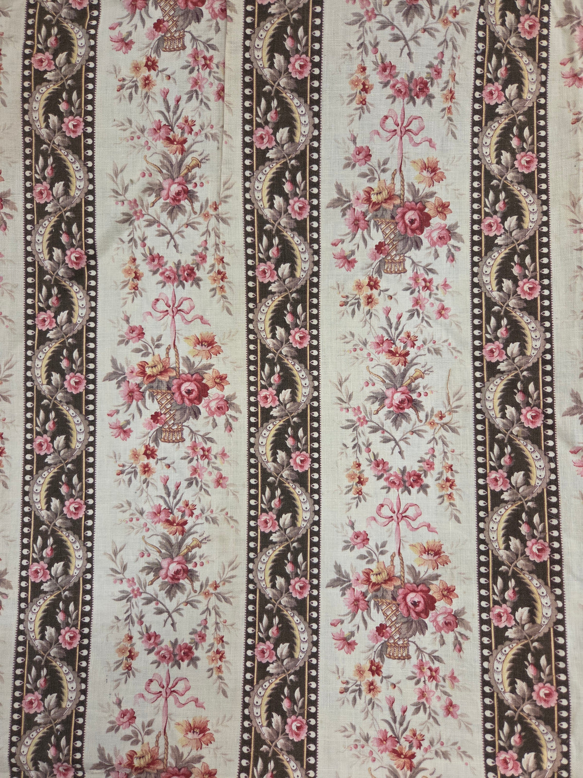Antique 1920s French Cotton Curtain Panel, Pink and Brown Stripe With Florals