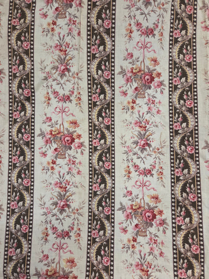 Antique 1920s French Cotton Curtain Panel, Pink and Brown Stripe With Florals
