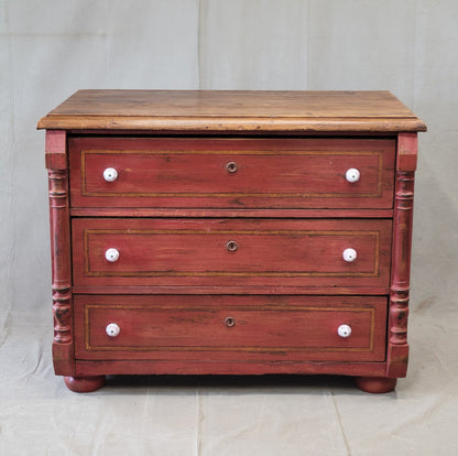 Antique European Pine Dresser With Red Distressed Paint and French Line Motif
