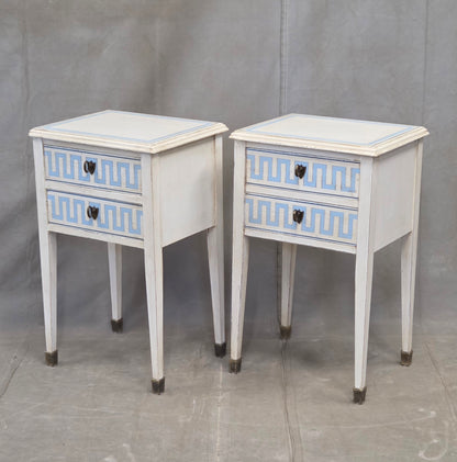 Vintage Mahogany Nightstands With Handpainted Greek Key Motif - A Pair