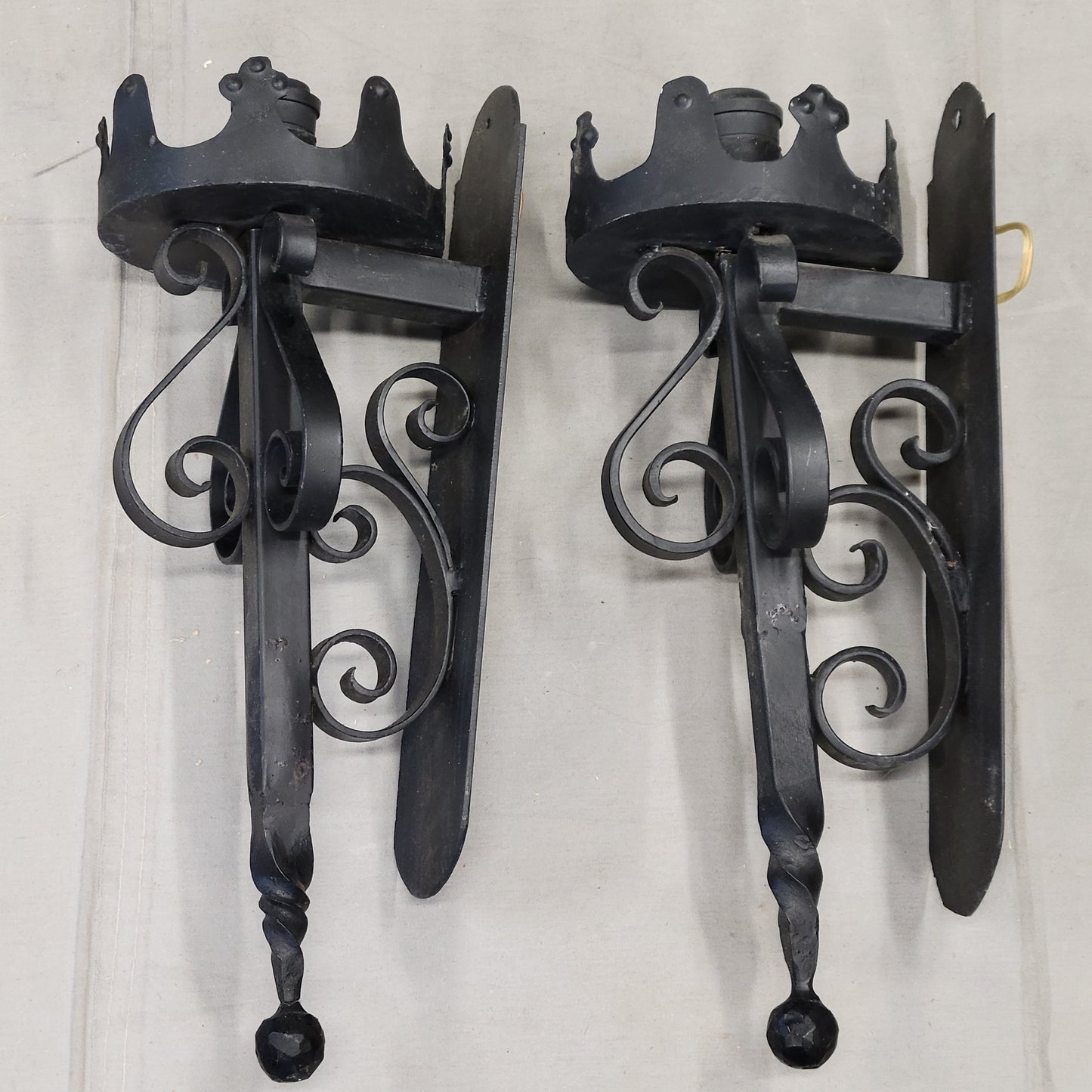 Vintage Spanish Revival Black Iron Wired Wall Sconces - a Pair