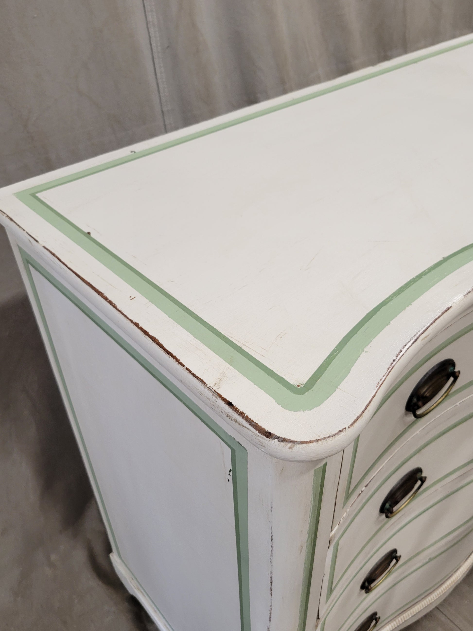 Antique Serpentine Front Dresser Painted White With Green French Line Motif Antique Serpentine Front Dresser Painted White With Green French Line Motif
