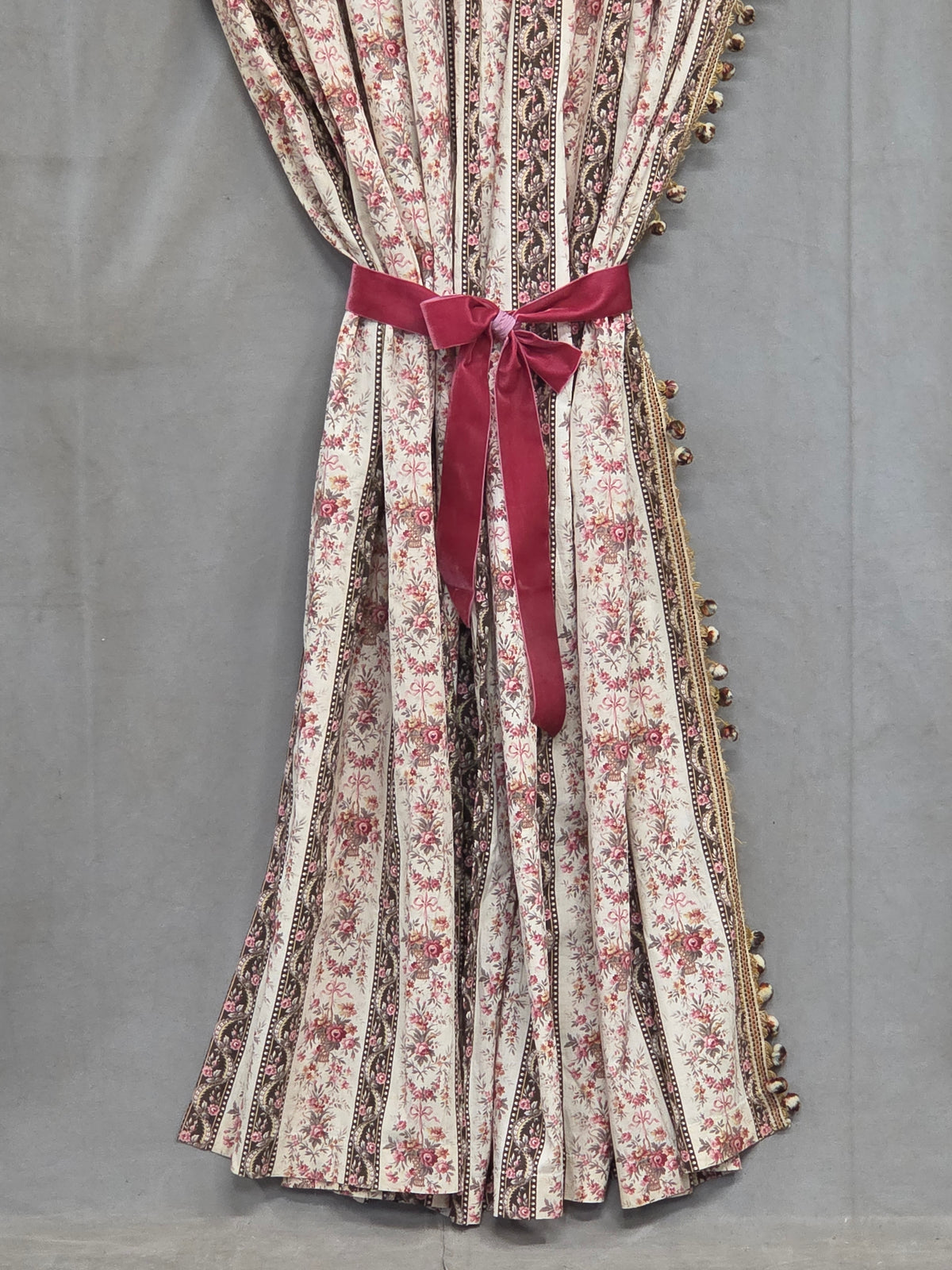 Antique 1920s French Cotton Curtain Panel, Pink and Brown Stripe With Florals
