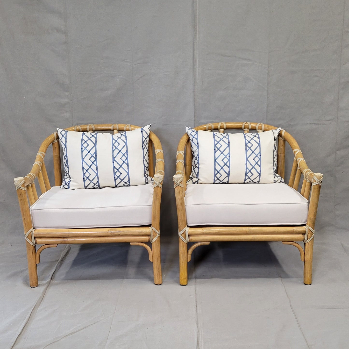 Vintage 1978 McGuire Bamboo Lounge Chairs With Rawhide Binding (Two Sets of Cushions) - a Pair