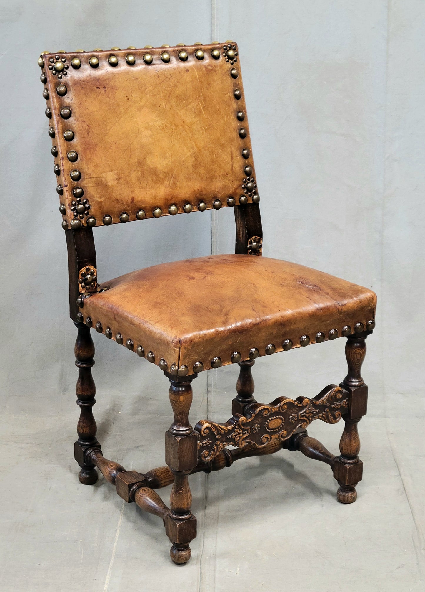 Antique Spanish or Renaissance Revival Oak and Leather Side Chairs - Set of 3