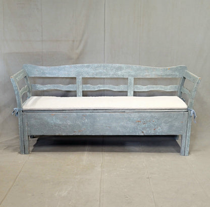 Antique 19th Century Swedish Storage Bench with Blue/Gray Paint and Linen Cushion
