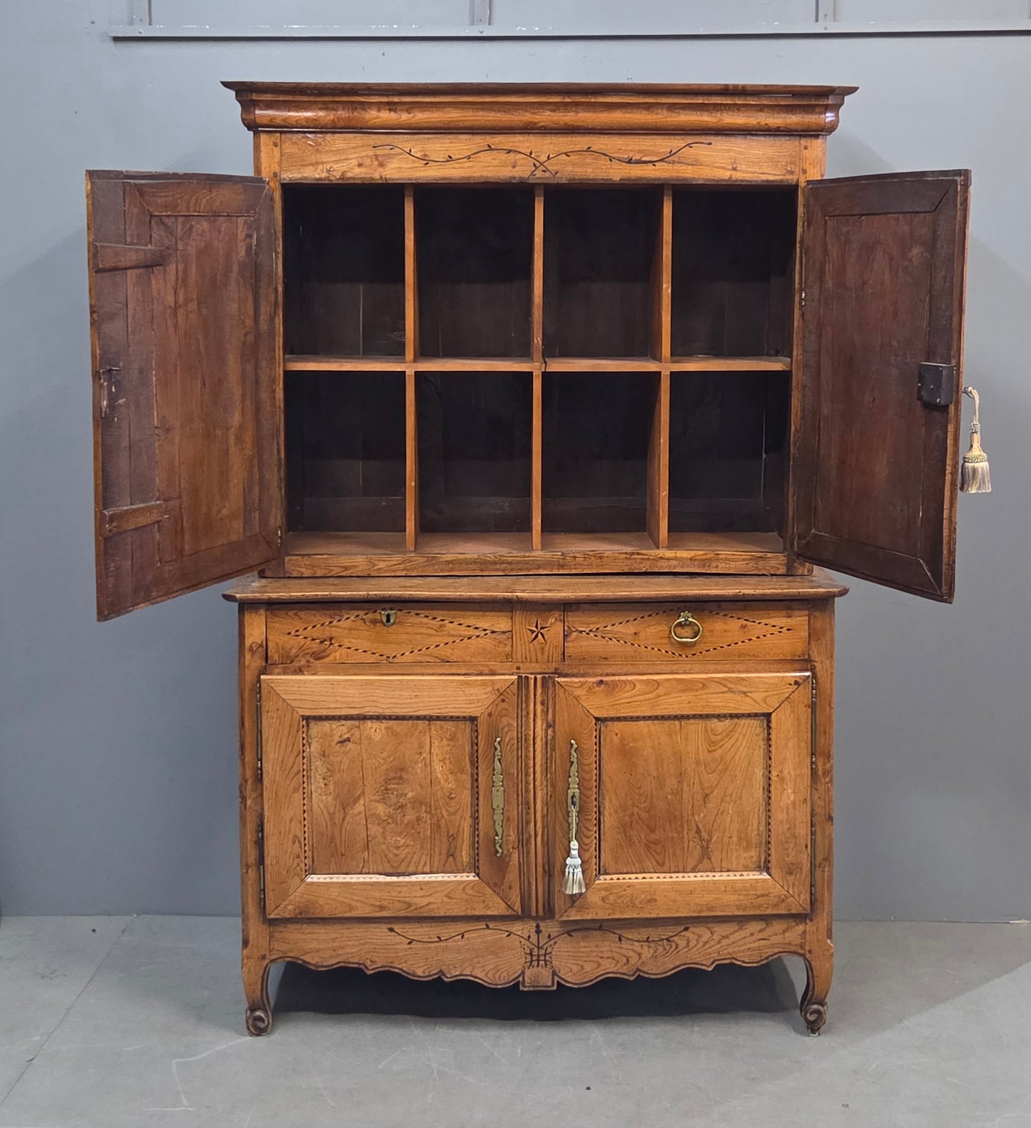Antique French Elm Deux Corps Buffet Cabinet With Inlay and Fitted Interior