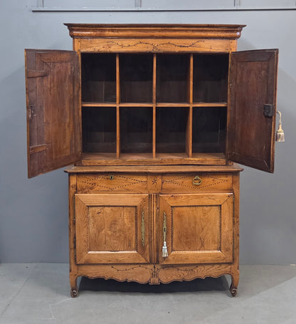 Antique French Elm Deux Corps Buffet Cabinet With Inlay and Fitted Interior