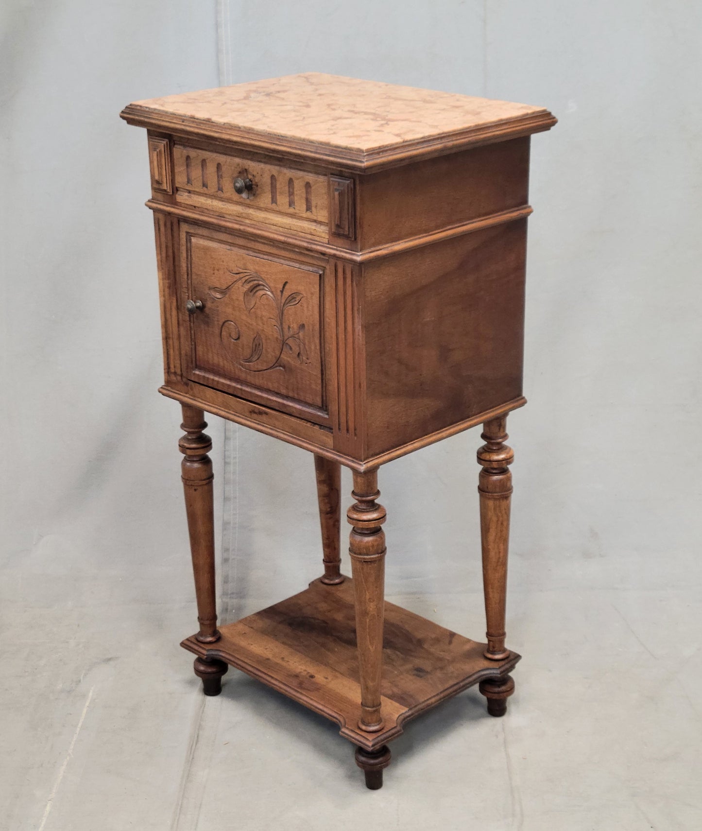 Antique French or Belgian Walnut Nightstands With Italian Marble - A Near Pair