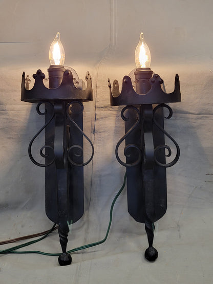 Vintage Spanish Revival Black Iron Wired Wall Sconces - a Pair