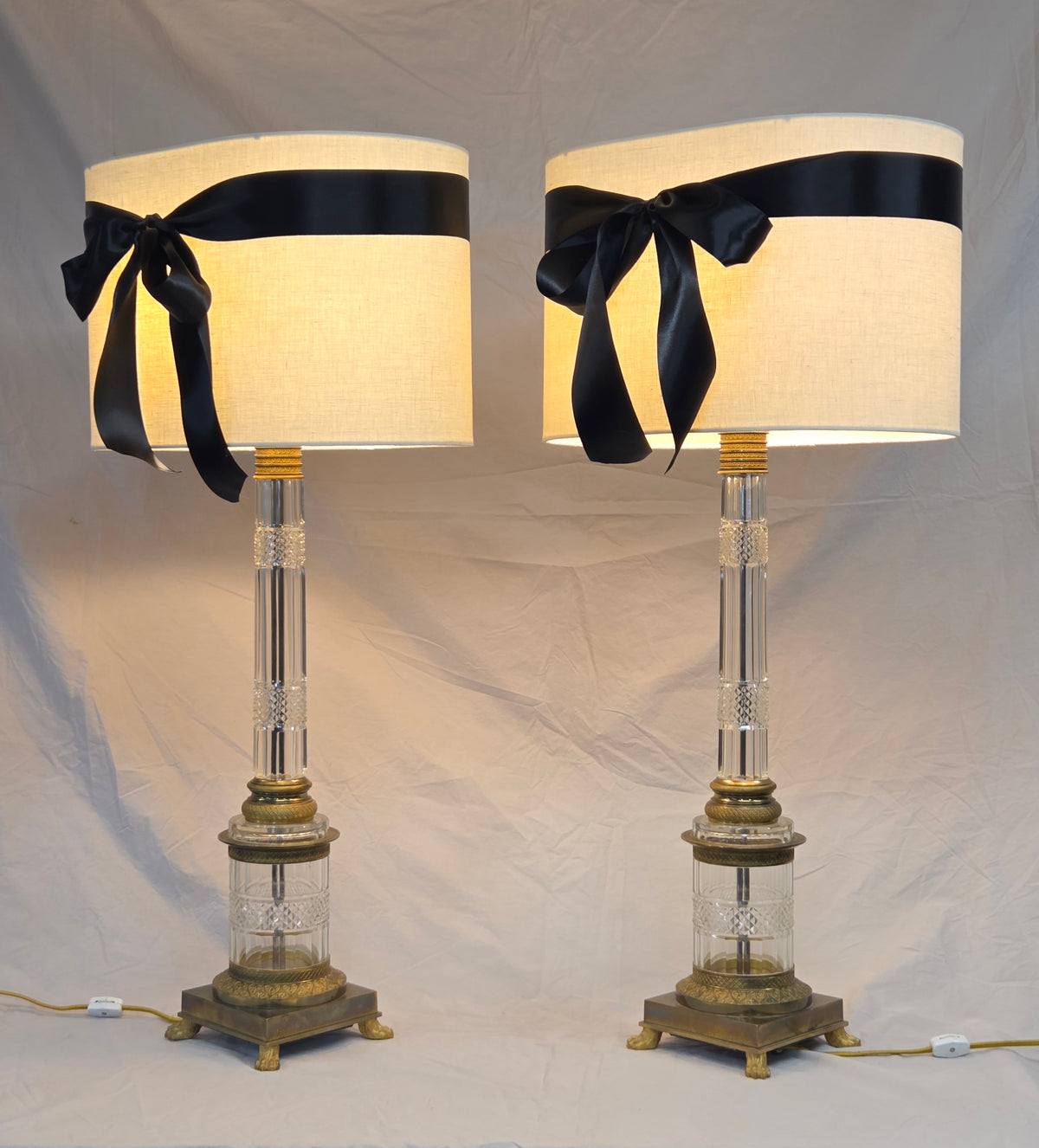 Vintage Crystal and Brass Column Table Lamps - Style of William Kessler Baccarat