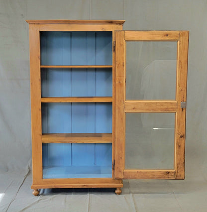Antique German Pine Display Cabinet With Painted Blue Interior