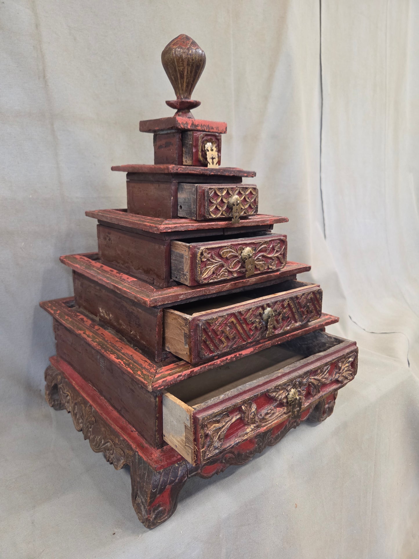 Vintage Sumatra, Indonesia Lacquer Pyramid Shaped Jewelry Box with Five Drawers