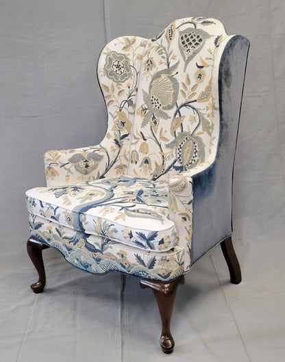 Vintage Woodmark Mary Webb Wood Blue "Tree of Life" Wingback Chairs - a Pair