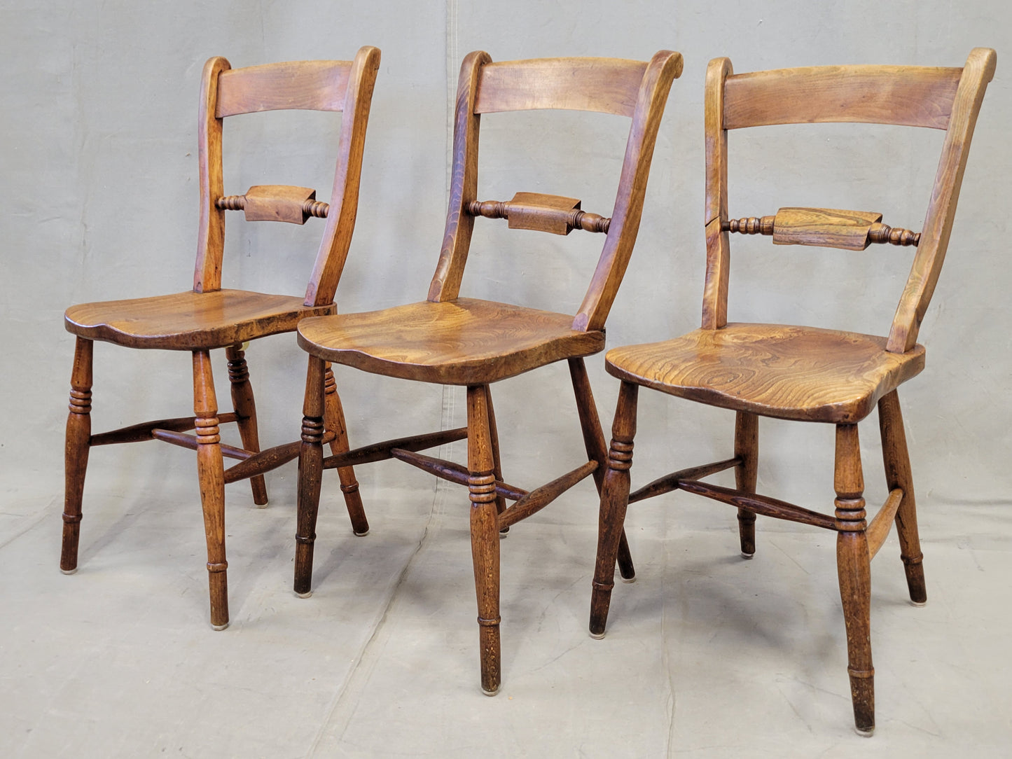 Antique 19th Century English Country Elm Oxford Bar-Back Side Chairs - Set of 6