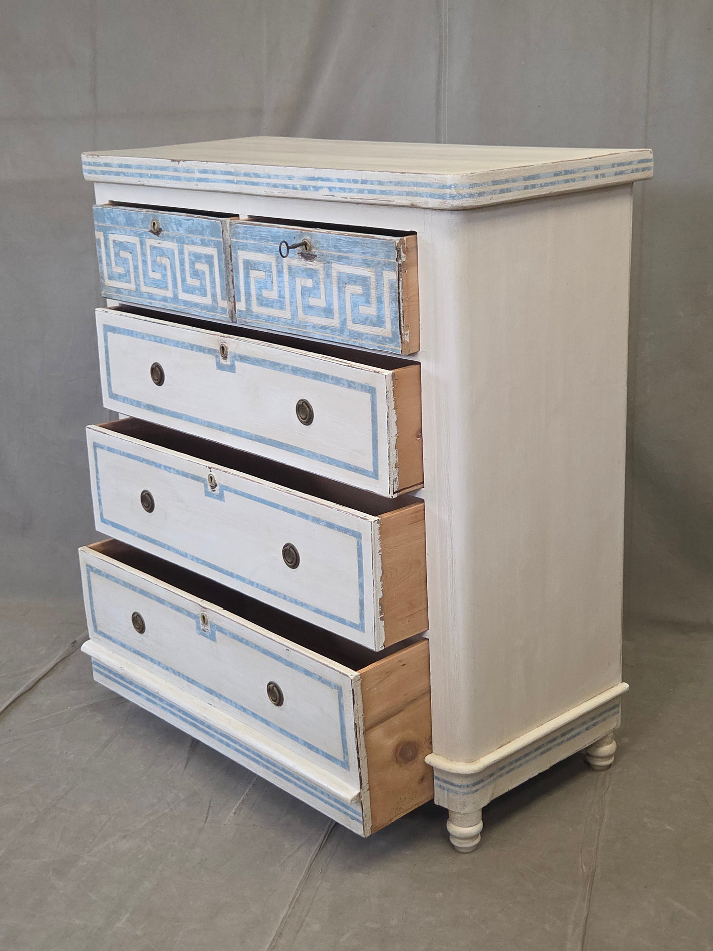 Antique English Pine Painted Dresser Chest of Drawers With Greek Key Motif