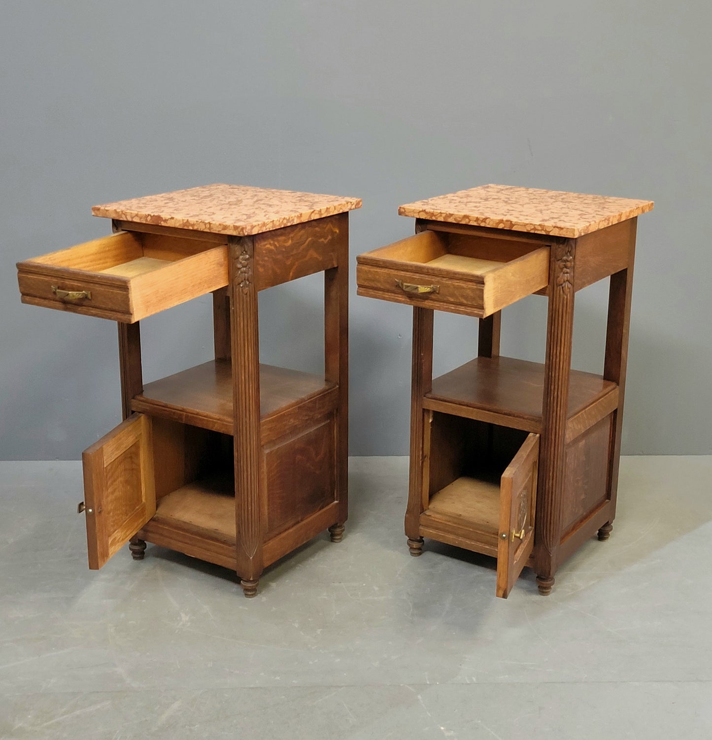 Antique European Oak and Italian Marble Pot Cupboards Nightstands - a Pair