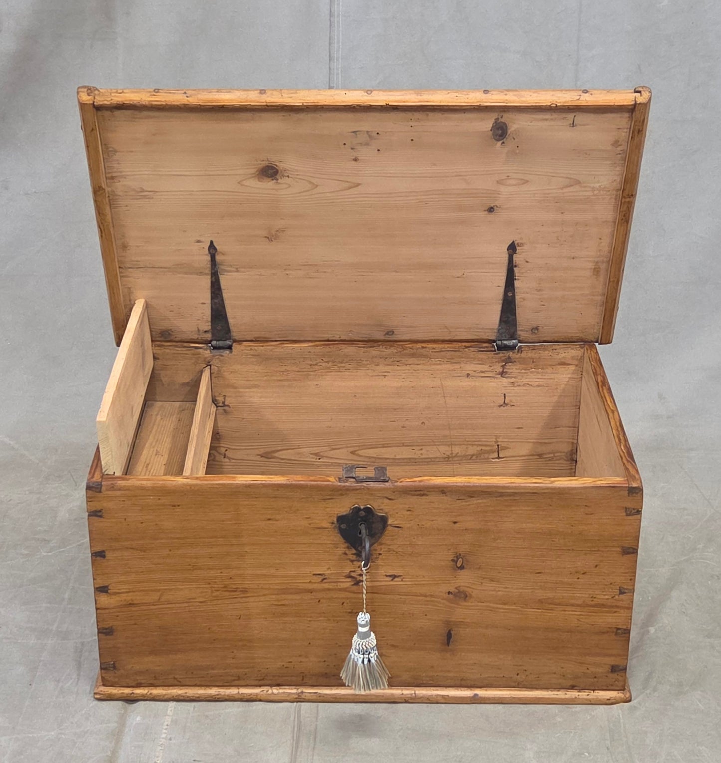 Antique German Natural Pine Storage Trunk with Original Iron Key