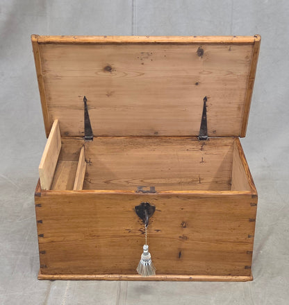 Antique German Natural Pine Storage Trunk with Original Iron Key