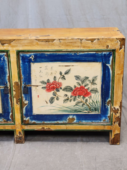 Vintage Chinese Distressed Lacquer Storage Cabinet Console With Floral Motif