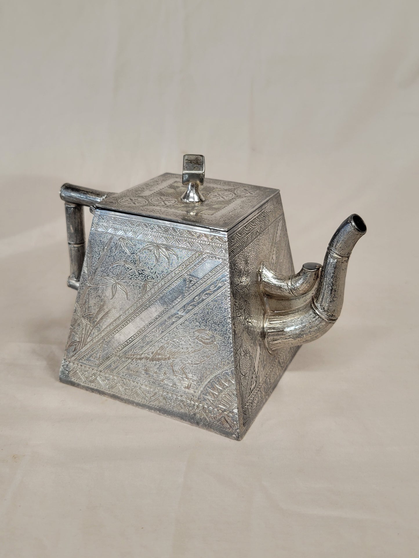 Antique James W. Tufts Boston Engraved Silverplate Aesthetic Movement Tea Set