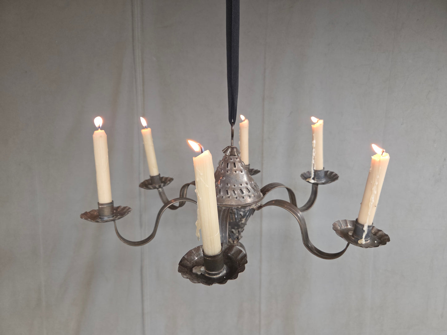Antique Punched Tin Six-Arm Candle Chandelier, New Mexico, Spanish Colonial style