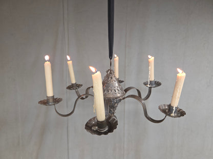 Antique Punched Tin Six-Arm Candle Chandelier, New Mexico, Spanish Colonial style