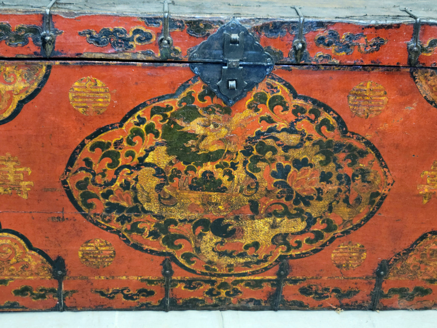 Antique Early 1900s Tibetan Trunk With Original Paint in Dragon Motif
