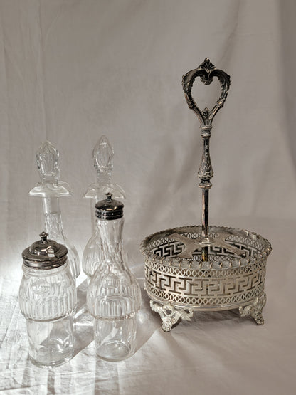 Antique Silverplate and Crystal Four Bottle Cruet Set