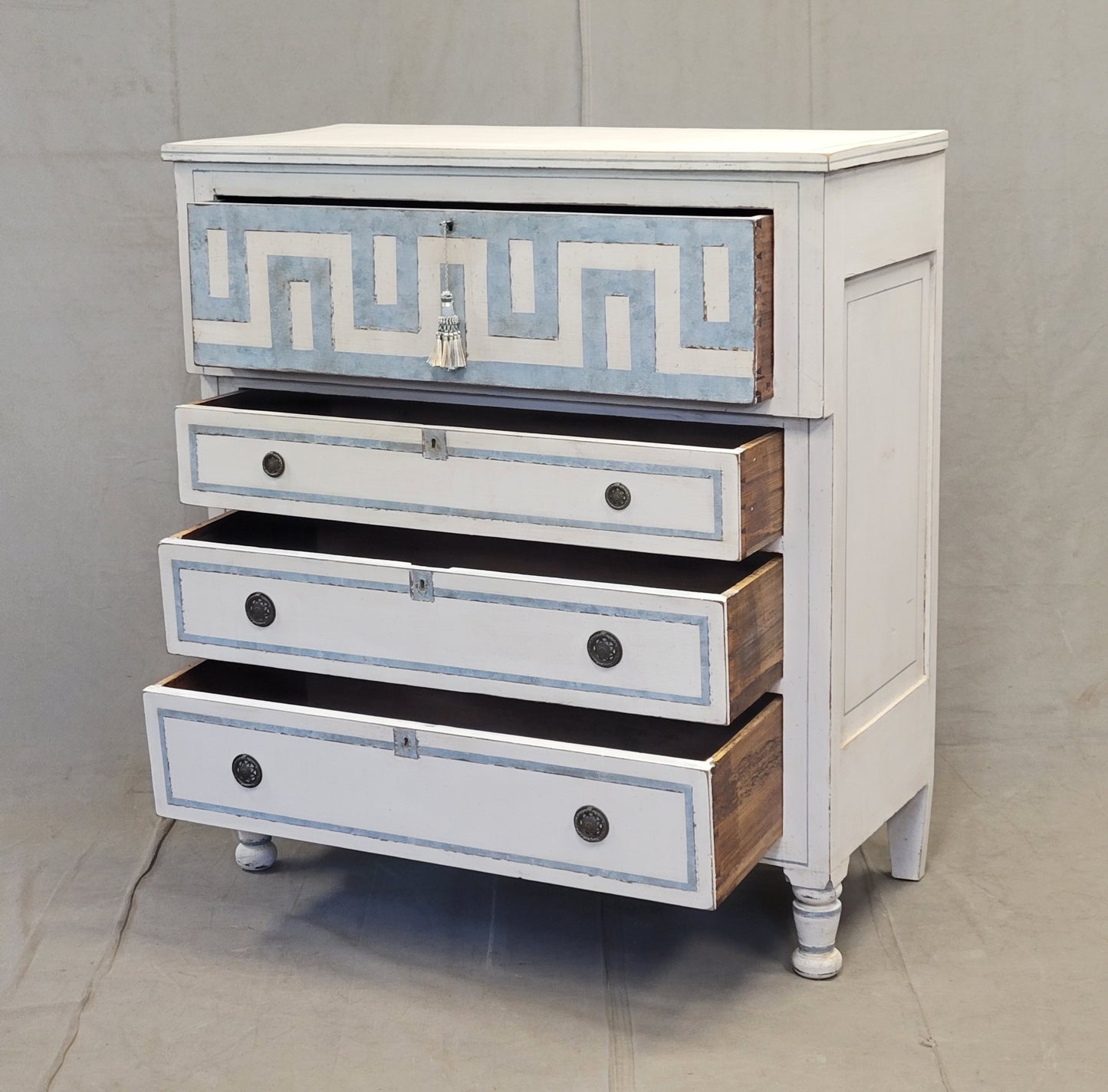 Antique English Painted Dresser Chest of Drawers With Greek Key Motif