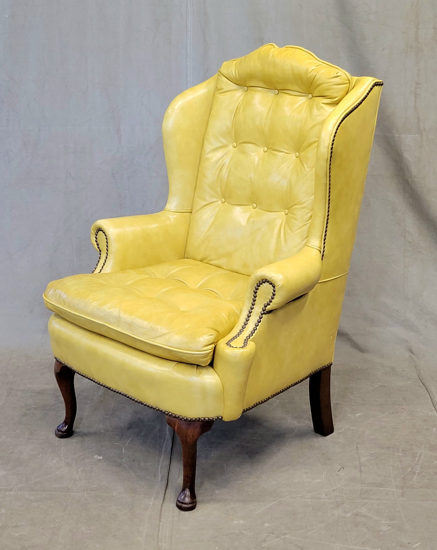 Vintage Classic Brand Top Grain Yellow Leather Chesterfield Chairs - a Pair
